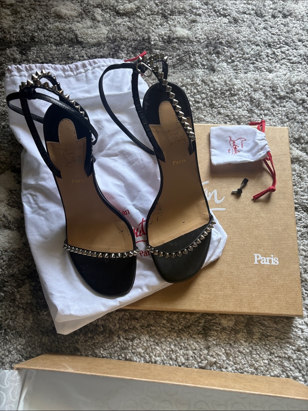 Christian Louboutin Black Studded Leather Slingback Sandals with Silver Spikes